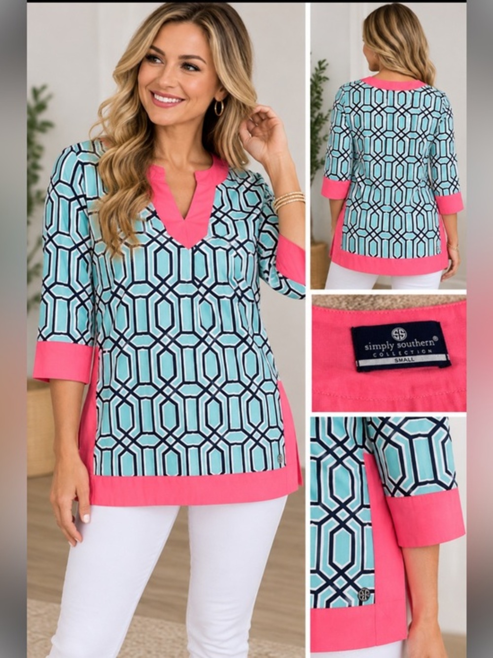 Simply Southern Collection Geometric Tunic Top Pink Aqua Size Small